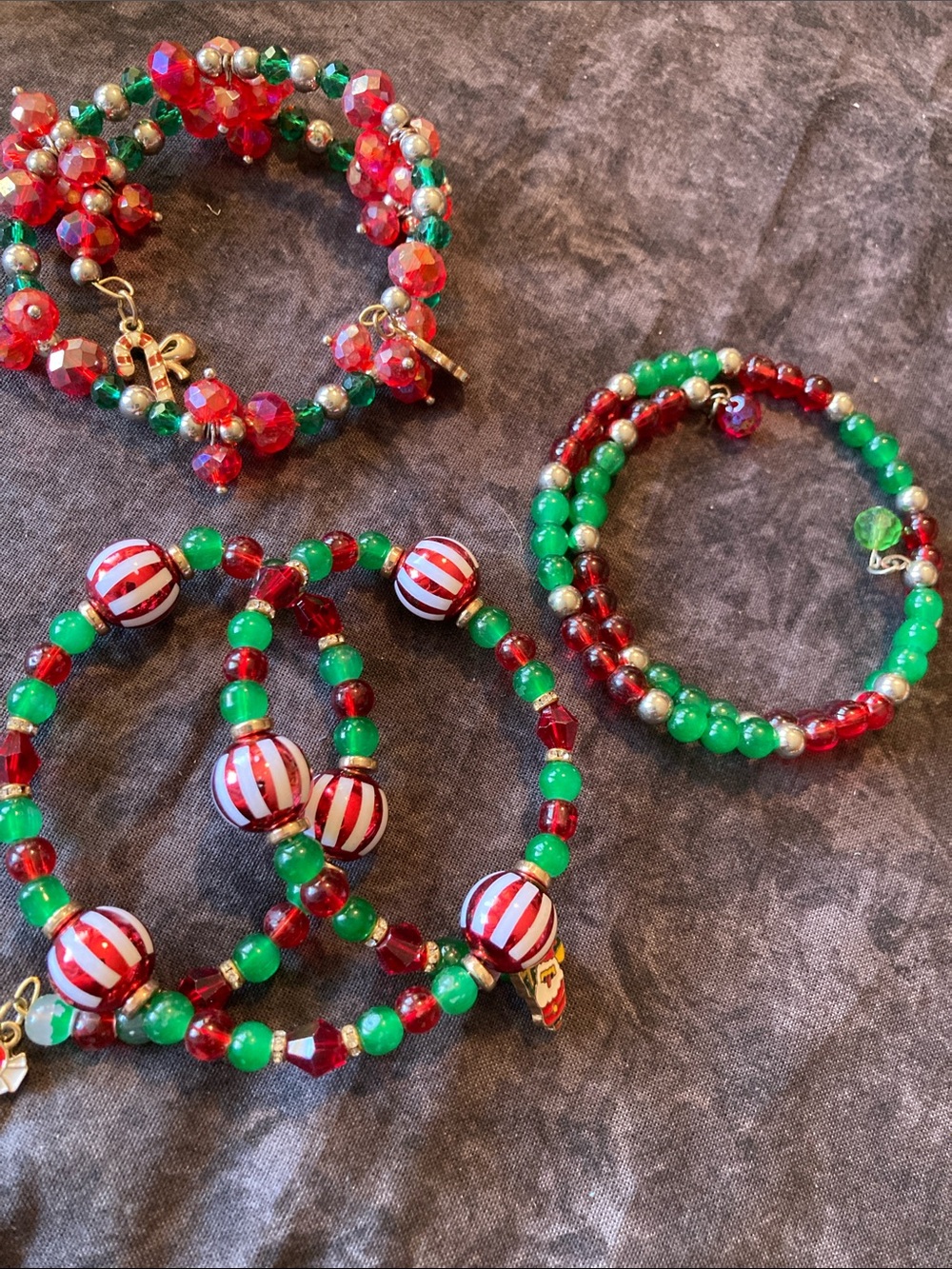Festive Red and Green Beaded Christmas Wrapped Bracelet Set